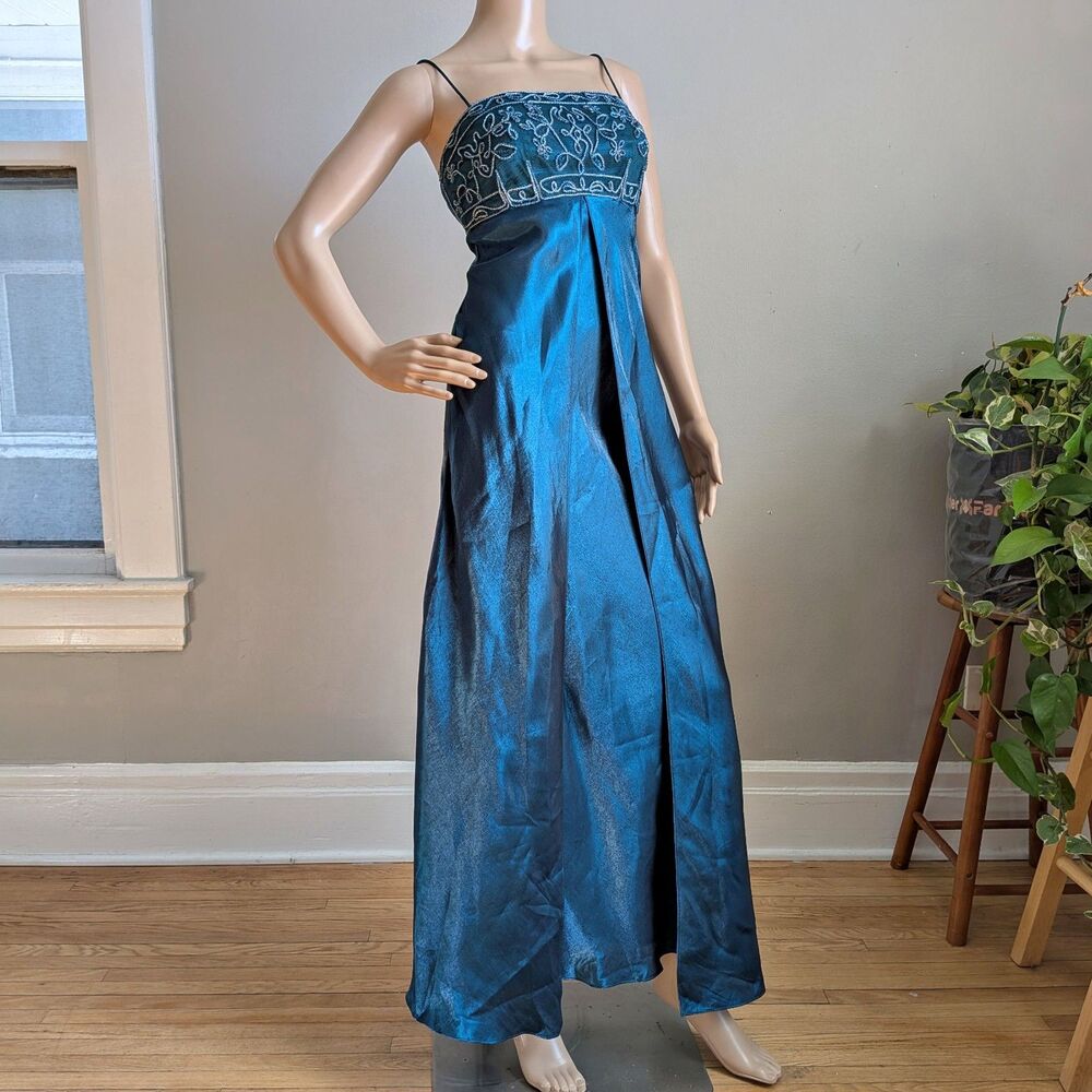 Vintage 90s Y2K Morgan and Co Blue Prom Gown Maxi Dress Regency Size 3/4
